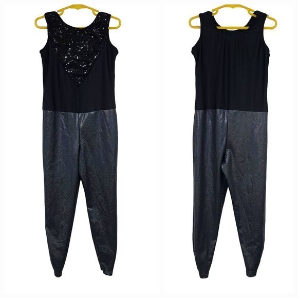 Girls LC Revolution Dancewear Unitard Black Holographic Foil Sequins Leotard - Picture 4 of 11